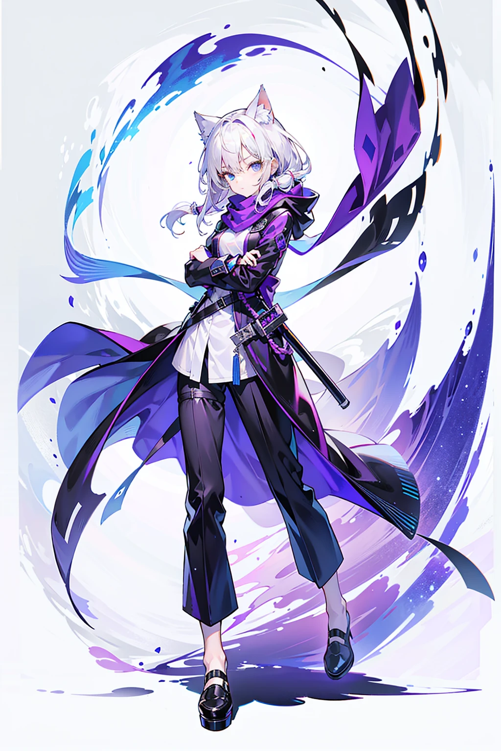 1 Girl,solo,( image),(((white hair))),(The flattest),Delicate face and beautiful eyes,Fine hair,A particularly long strand of side hair),(Cat ear hood),One eye is covered by a hood,scarf,(White background 1::5),standing painting style,((Full Body Love)),(Delicate eyes),Leg strap,Purple and Black Cyberpunk Jacket,trousers,katana sword,lightning background