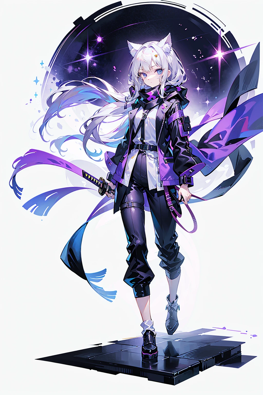 1 Girl，solo，(Loli image)，（（（white hair））），（The flattest），Delicate face and beautiful eyes，Fine hair，A particularly long strand of side hair)，(Cat ear hood)，One eye is covered by a hood，scarf，(White background 1：：5)，standing painting style，((Full Body Love))，（Delicate eyes），Leg strap，Purple and Black Cyberpunk Jacket，trousers，katana sword，lightning background