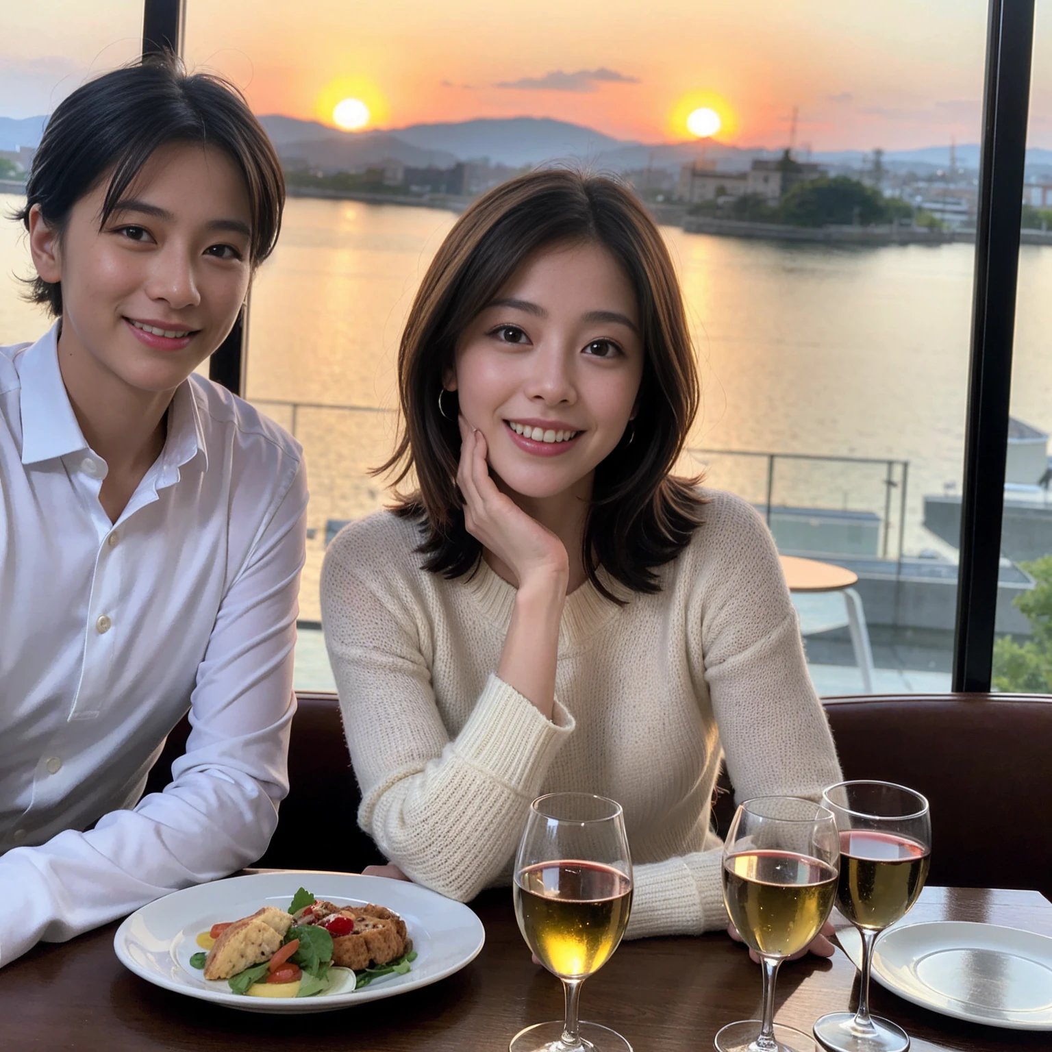 ((Highest quality、8K、masterpiece:1.3))、 (Genuineistic, Genuine、Bright image、Intricate details:1.2), 最高のsmile、1 male 1 female、Beautiful couple、Lovey-dovey lovers、Satomi Ishihara lookalike fiance、Good friends、actress couple、smile、Full-course dinner at a packed table、 (Slim face), (the body is slim), (Brown Hair), (short hair), テーブルのwine glass、Please shine a light on my face、 Amazing view of the sunset sky and clouds、42 years old 39 years old, red wine 、Appetizers、Wine bottle、sparkling wine、Long sleeve shirt、dress、White wine, red wine, wine glass,