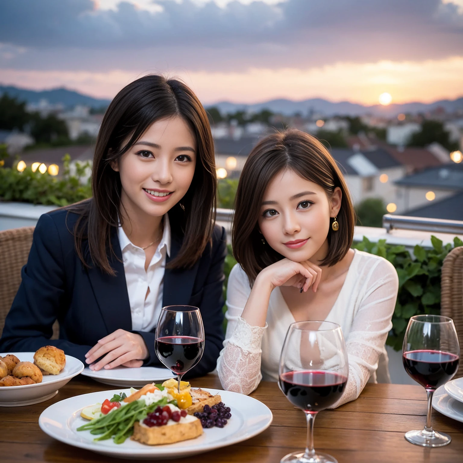 ((Highest quality、8K、masterpiece:1.3))、 (Genuineistic, Genuine、Bright image、Intricate details:1.2), 最高のsmile、1 male 1 female、Beautiful couple、Lovey-dovey lovers、Satomi Ishihara lookalike fiance、Good friends、actress couple、smile、Full-course dinner at a packed table、 (Slim face), (the body is slim), (Brown Hair), (short hair), テーブルのwine glass、Please shine a light on my face、 Amazing view of the sunset sky and clouds、42 years old 39 years old, red wine 、Appetizers、Wine bottle、sparkling wine、Long sleeve shirt、dress、White wine, red wine, wine glass, 