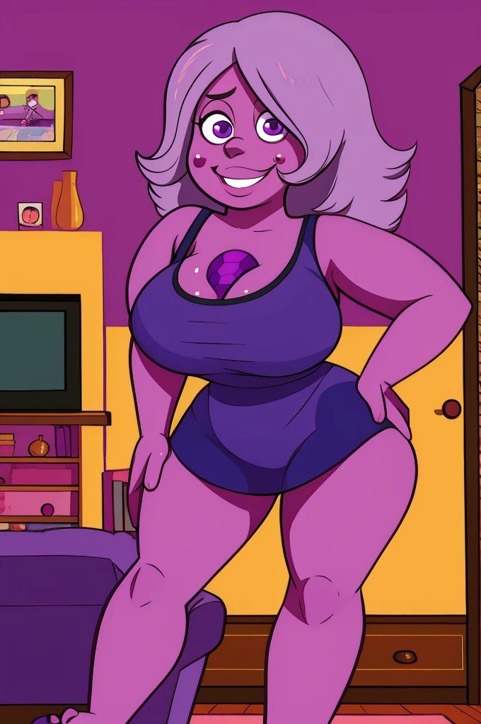 Amethyst, short girl, large breasts, smiling, standing upright, living room, detailed eyes, by boosterpang