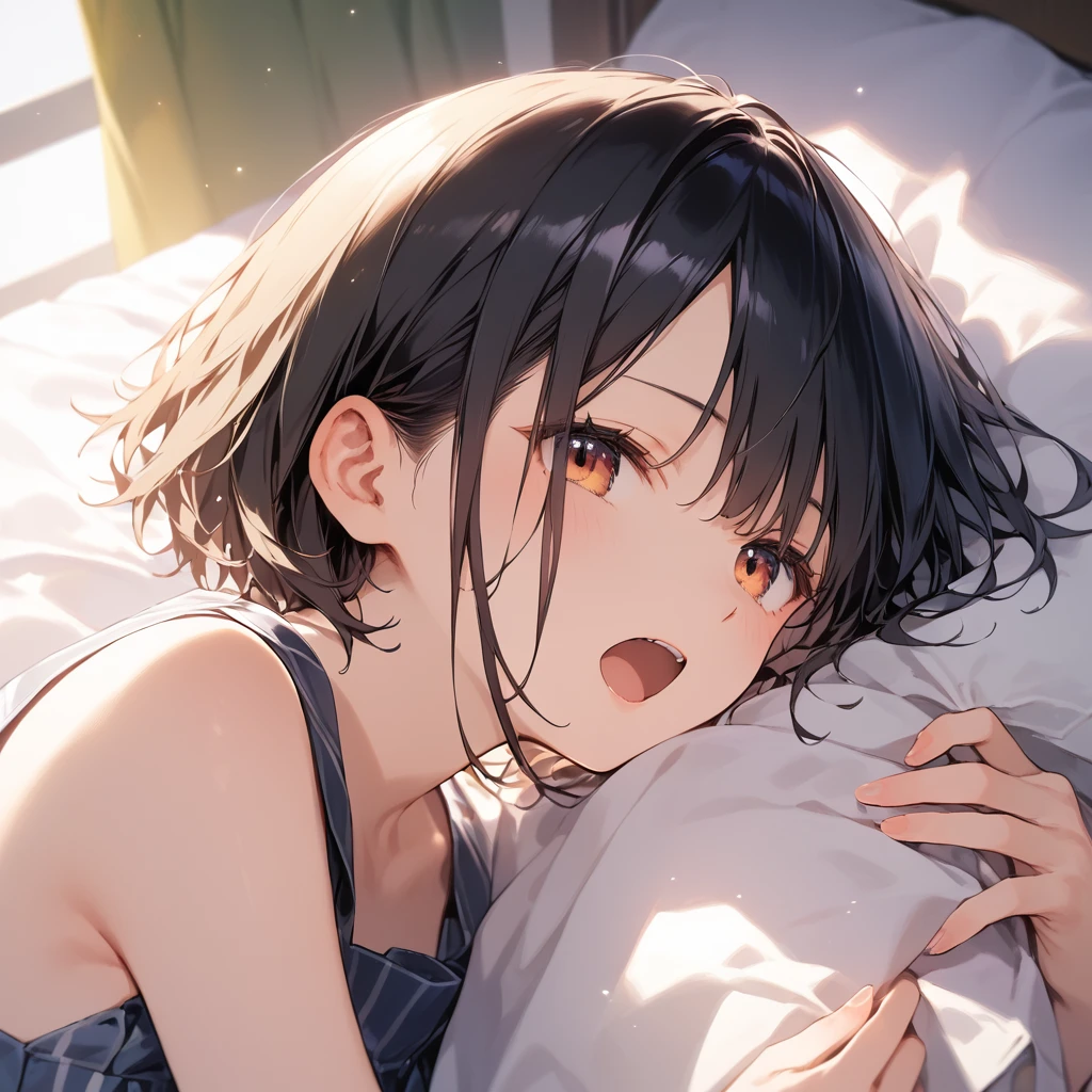 score_9, score_8_up, score_7_up, source_anime, best quality, masterpiece,ultra-detailed,official art, absurdres, highres, waifu2x, break,1girl, school girl, short hair,  beautiful detailed eyes, open mouth, (yawn:0.3), sleepily, bed, infirmary, break,(clear line illustration:1.2),very high resolution, very aesthetic, super detailed skin, Best sexual lighting powered by famous artist, 8k,ero picture,beauty illustration,photoshop_(medium),,(Detailed Lighting),
