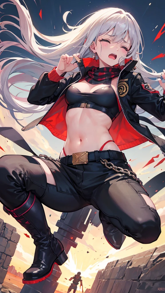 Girl, Navel exposed, Wearing boots, Being attacked by enemies, He closes his eyes in pain and cries, Wearing a jacket