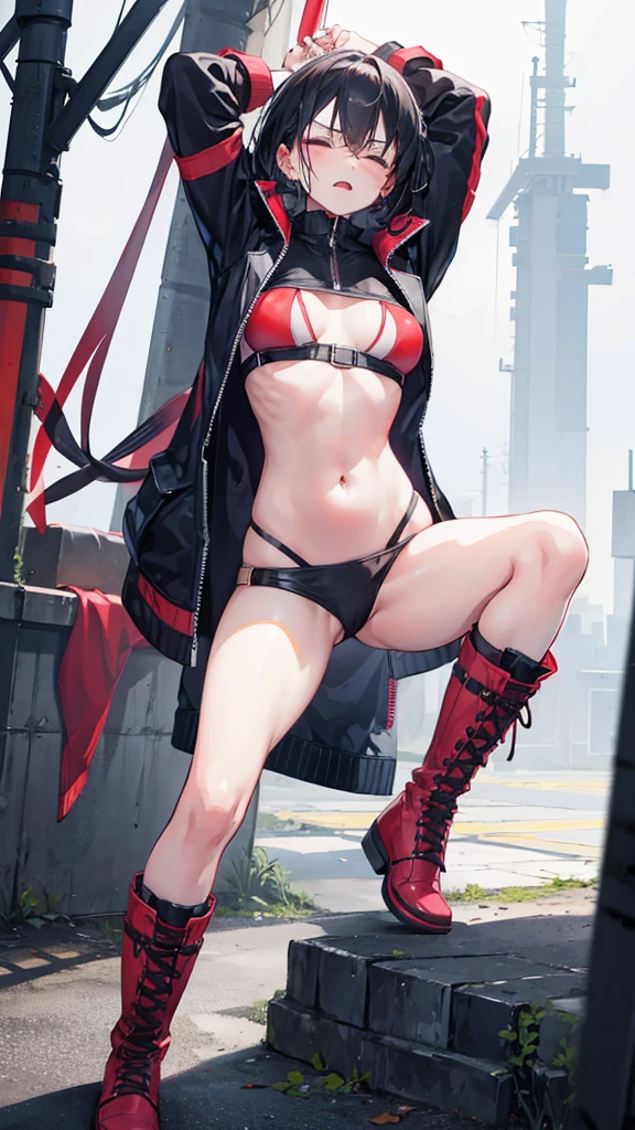 Girl, Navel exposed, Wearing boots, Being attacked by enemies, He closes his eyes in pain and cries, Wearing a jacket