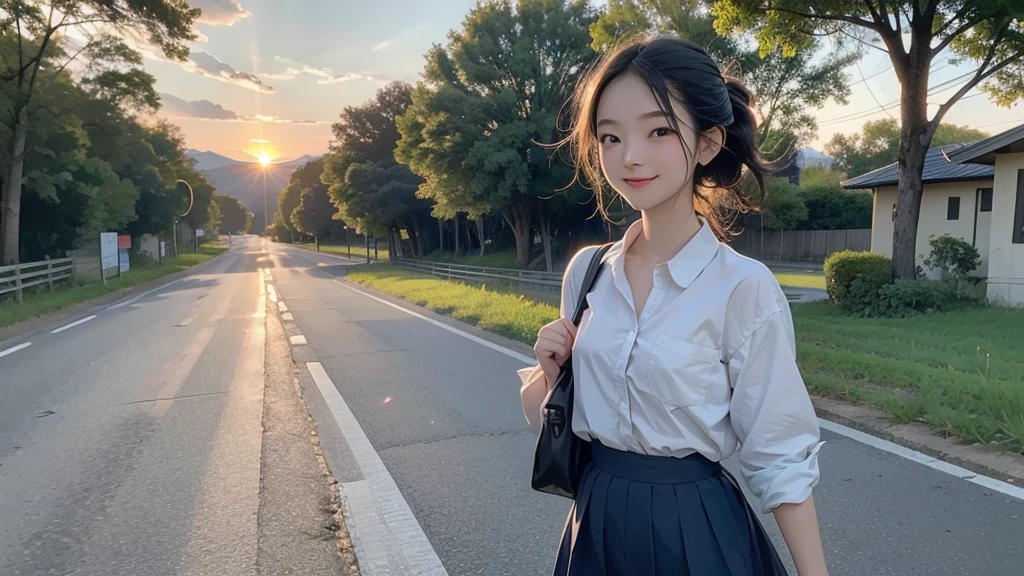 8K、RAW Photos、Highest quality、Super detailed、Super Resolution、Ultra HD、8K壁紙、Amazing details summer、evening、sunset、A rural road lined with rice fields、Paved roads、Woman walking on a country road、 school girl in uniform、Drink water、School bag、Blue sky、Shining Sun、Water bottle、smile
