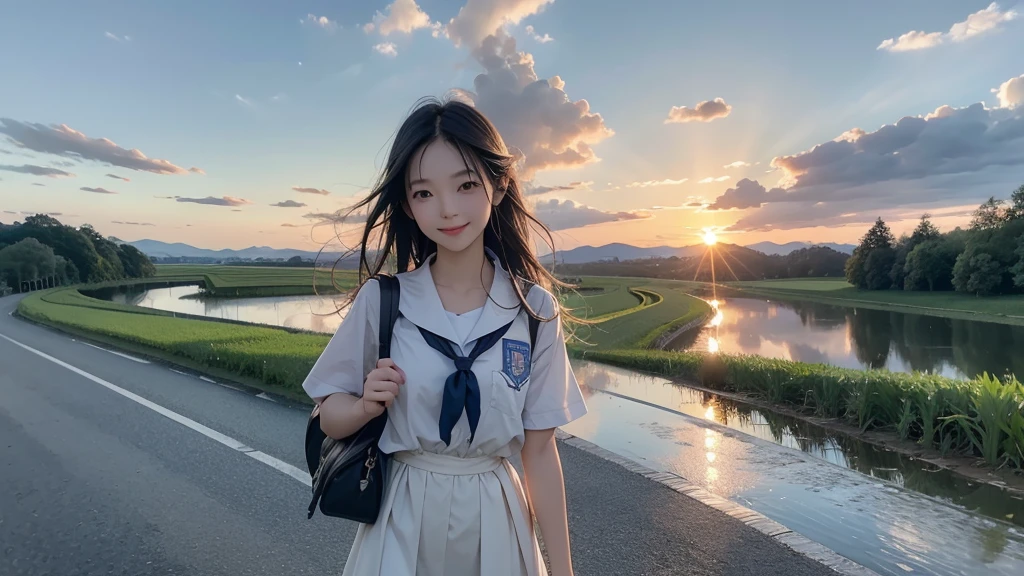 8K、RAW Photos、Highest quality、Super detailed、Super Resolution、Ultra HD、8K壁紙、Amazing details summer、evening、sunset、A rural road lined with rice fields、Paved roads、Woman walking on a country road、16 year old school girl in uniform、Drink water、School bag、Blue sky、Shining Sun、Water bottle、smile