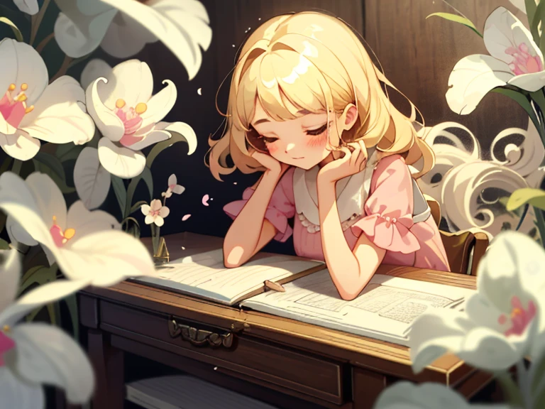 A graceful girl adorned in a pastel-pink dress, her honey-blonde hair cascading in soft waves, is engrossed in her sketches on a vintage wooden desk. Her pencil glides effortlessly, creating intricate lines that breathe life into her fantastical creations. Vibrant,, delicate flowers bloom around her, their petals swirling in a dream-like dance, as she channels her creativity and passion. A sense of tranquility envelops the room, making it a haven for this enchanting, ethereal girl and her boundless imagination.