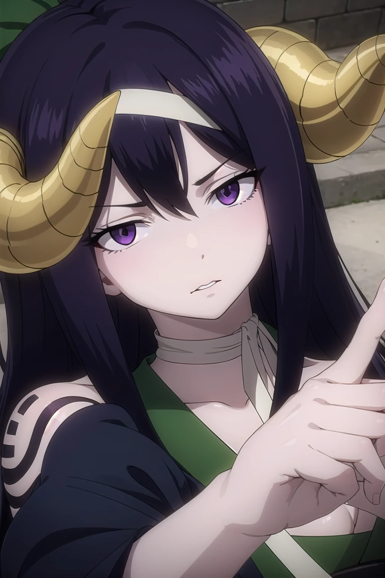 seilah, seilah, long hair, horns, purple hair, facial mark, forehead mark, (purple eyes:1.1), headband,
BREAK cleavage, japanese clothes, horns, choker, wide sleeves, kimono, sash, tattoos,
BREAK cowboy shot, looking at viewer, 
BREAK outdoors,
BREAK (masterpiece:1.2), best quality, high resolution, unity 8k wallpaper, (illustration:0.8), (beautiful detailed eyes:1.6), extremely detailed face, perfect lighting, extremely detailed CG, (perfect hands, perfect anatomy),