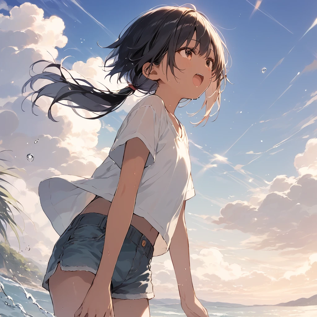 score_9, score_8_up, score_7_up, source_anime, best quality, masterpiece, official art, absurdres, highres, ultra-detailed,waifu2x,Collection: Slice of Life,break,1girl, tomboy, dark-skinned female, short hair, low ponytail, flat chest,  beautiful detailed eyes, short shorts, sweat, open mouth, (yawn:0.3), sleepily, outdoors, wind, break,(clear line illustration:1.2),very high resolution, very aesthetic, super detailed skin, Best sexual lighting powered by famous artist, 8k,cute picture,beauty illustration,photoshop_(medium),,(Detailed Lighting),best anime 8k konachan wallpaper, pixiv contest winner, 
