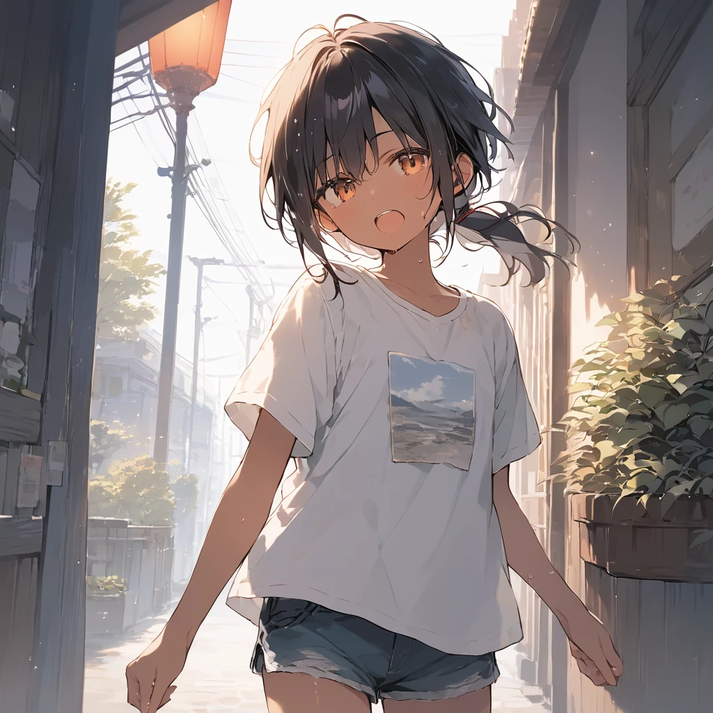 score_9, score_8_up, score_7_up, source_anime, best quality, masterpiece, official art, absurdres, highres, ultra-detailed,waifu2x,Collection: Slice of Life,break,1girl, tomboy, dark-skinned female, short hair, low ponytail, flat chest, beautiful detailed eyes, short shorts, sweat, open mouth, (yawn:0.3), sleepily, outdoors, wind, break,(clear line illustration:1.2),very high resolution, very aesthetic, super detailed skin, Best sexual lighting powered by famous artist, 8k,cute picture,beauty illustration,photoshop_(medium),,(Detailed Lighting),best anime 8k konachan wallpaper, pixiv contest winner,