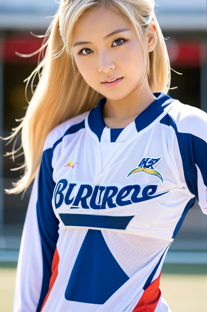 busty japanese lady、whole body、front、The most beautiful woman in Japan、Sports Jerseys、Bright eyes with sharp details（Looking into the camera）Blonde、