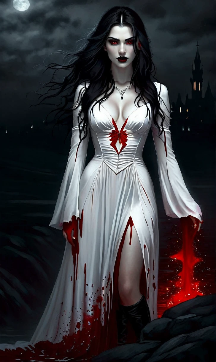 Afrafed, dark fantasy art, goth art, a beautiful female vampire wearing a (blood stained white evening dress: 1.5), an extremely beautiful female vampire, ultra detailed face, black hair, long hair, wavy hair, red lips, glowing red eyes, visible vampiric fangs, she wears a ((white evening dress: 1.5)), elegant, intricate detailed dress, small cleavage, ((dress is decorated with gems: 1.4)), she wears knee high heels boots, there are stains of blood on the upper [art of the dress, dynamic background