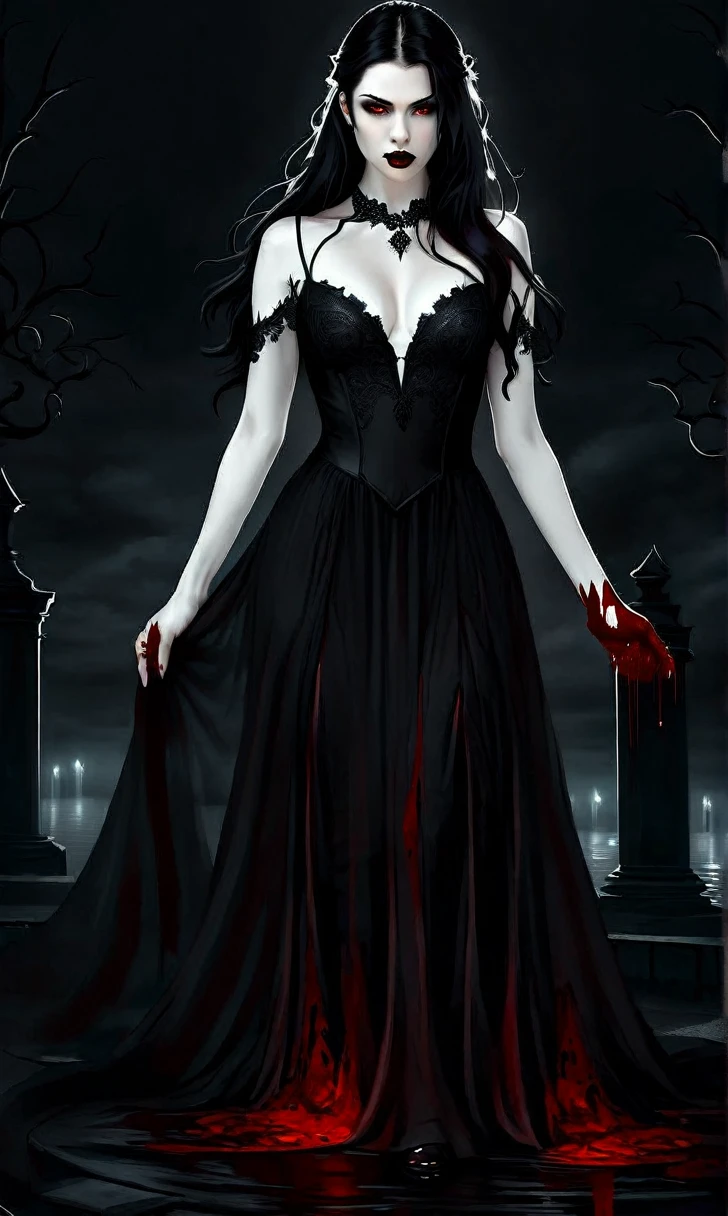 Afrafed, dark fantasy art, goth art, a beautiful female vampire wearing a (blood stained white evening dress: 1.5), an extremely beautiful female vampire, ultra detailed face, black hair, long hair, wavy hair, red lips, glowing red eyes, visible vampiric fangs, she wears a ((white evening dress: 1.5)), elegant, intricate detailed dress, small cleavage, ((dress is decorated with gems: 1.4)), she wears knee high heels boots, there are stains of blood on the upper [art of the dress, dynamic background