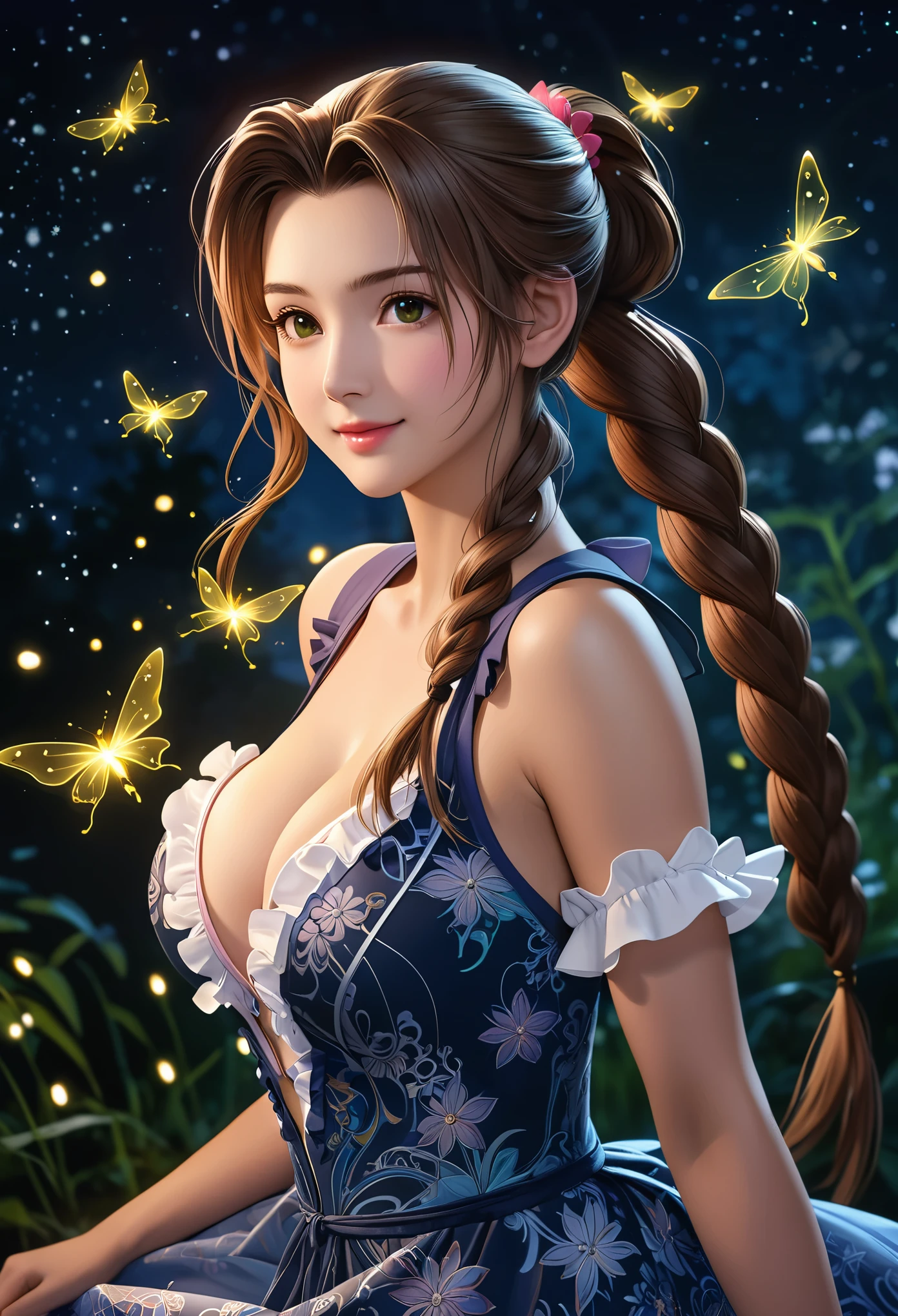 (((masterpiece))),((Highest quality)),Beautiful girl, Aerith, Sexy witch, bangs、(Long Hair, Braided ponytail:1.5)、(((huge firm bouncing bust, Deep cleavage)))、23 years old、(Gorgeous frilled dress with intricate patterns:1.5)、Japanese girl、 Beautiful digital artwork, Beautiful fantasy art, dynamic sely poses, A kind smile, Mysterious Background, Aura, A gentle gaze, BREAK, Small faint lights and flying fireflies, night, lanthanum,