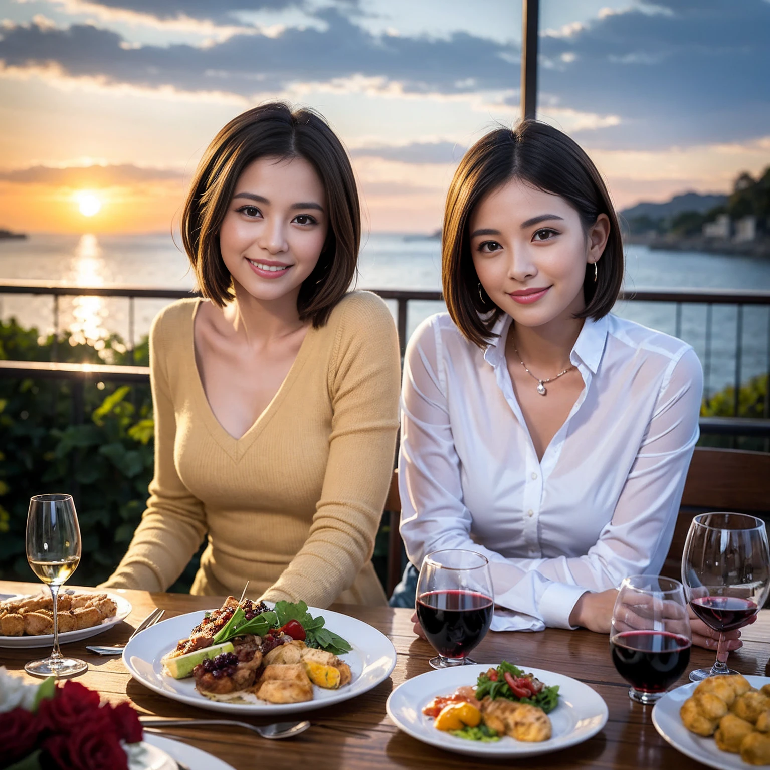 ((Highest quality、8K、masterpiece:1.3))、 (Genuineistic, Genuine、Bright image、Intricate details:1.2), 最高のsmile、1 male 1 female、Beautiful couple、Lovey-dovey lovers、fiancee、Good friends、actress couple、smile、Full-course dinner at a packed table、 (Slim face), (the body is slim), (Brown Hair), (short hair), テーブルのwine glass、Please shine a light on my face、 Amazing view of the sunset sky and clouds、 years old 39 years old, red wine 、Appetizers、Wine bottle、sparkling wine、Long sleeve shirt、dress、White wine, red wine, wine glass,