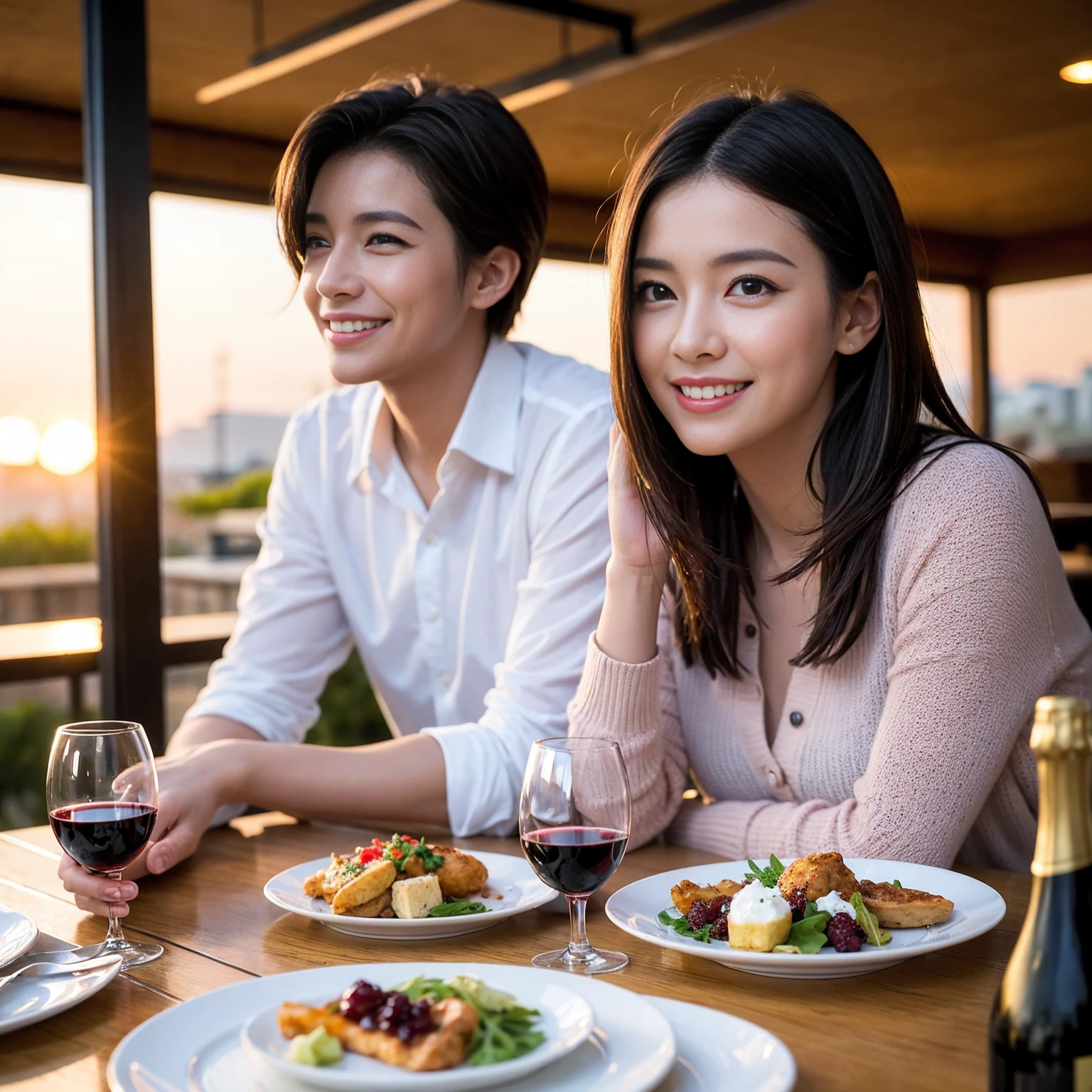 ((Highest quality、8K、masterpiece:1.3))、 (Genuineistic, Genuine、Bright image、Intricate details:1.2), 最高のsmile、1 male 1 female、Beautiful couple、Lovey-dovey lovers、fiancee、Good friends、actress couple、smile、Full-course dinner at a packed table、 (Slim face), (the body is slim), (Brown Hair), (short hair), テーブルのwine glass、Please shine a light on my face、 Amazing view of the sunset sky and clouds、 years old 39 years old, red wine 、Appetizers、Wine bottle、sparkling wine、Long sleeve shirt、dress、White wine, red wine, wine glass,