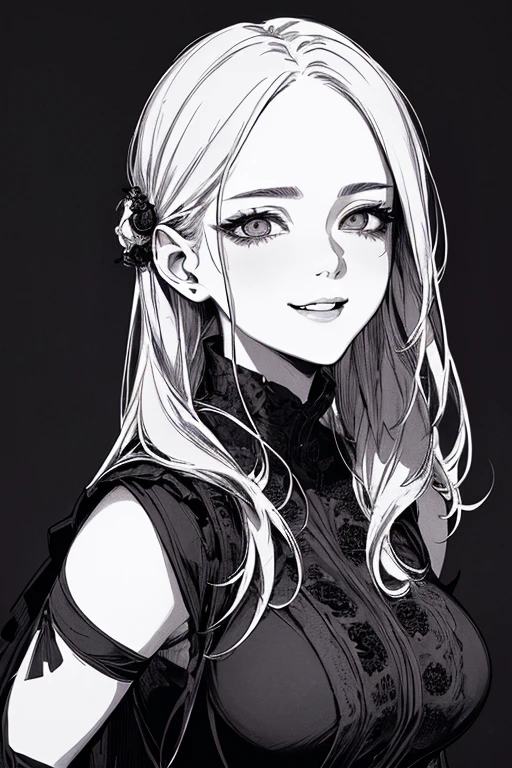 Highest quality, (Background details), High Contrast, Very beautiful woman, Detailed original illustrations、smile、functional、Delicate face、charm、sexy、Real breasts、  Head close-up, Black background, (Black background: 1.5), Beautiful line art、Monochrome