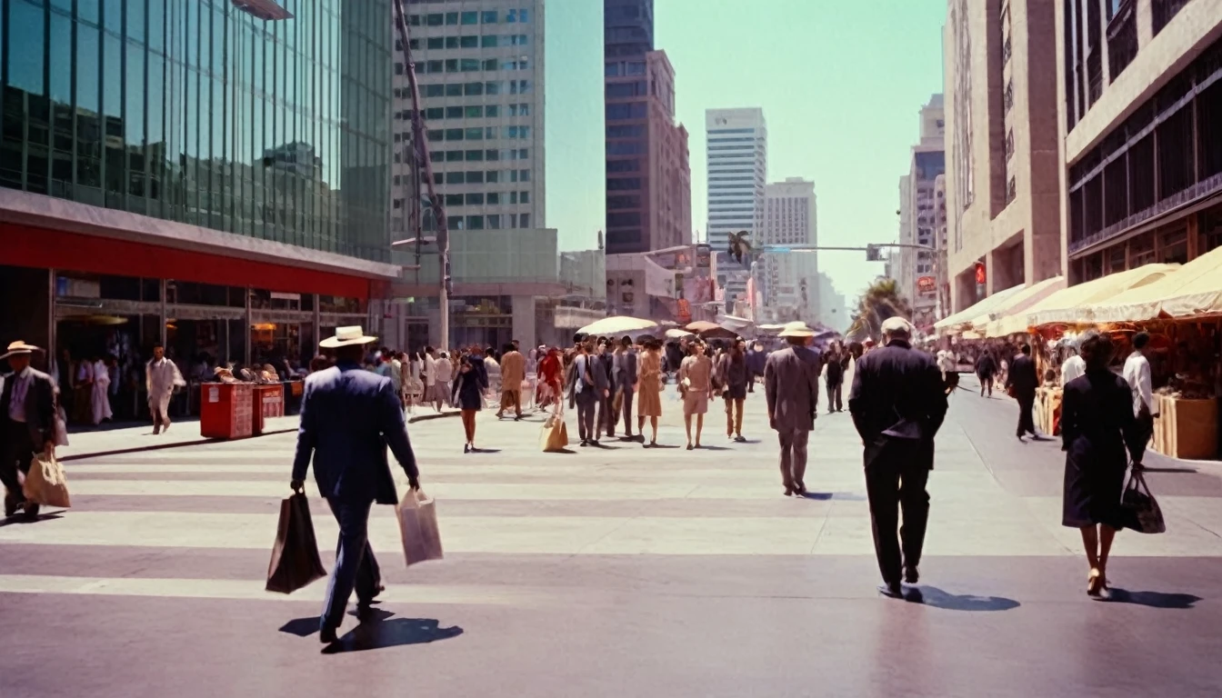 people walking in a pedestrian street in a megacity at morning time, in the heart of the The dysoptian futuristic megacity there are street vendors a different people walking in futuristic clothes. Different buildings cover the side of the street, the natural light of the sun illuminates at daytime. Bustling city of Los Angeles with many skyscrapers in the background, Natural lights, neutral colors, lomochrome, vintage color tones, dramatic, dynamic composition.Lifelike textures, sharp focus, depth of field, cinematic lighting, Contrast lighting, volumetric lighting, best shadows,sharp focus, depth pf field, photorealism, Realism, Cinematic, Photoreal, 35mm film Screengrab a Super Panavision 70 film, in color. best quality , hdr, uhd, 8k, 35 mm film, analog camera shot.