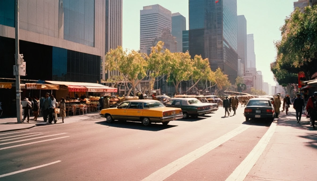 people walking in a pedestrian street in a megacity at morning time, in the heart of the The dysoptian futuristic megacity there are street vendors a different people walking in futuristic clothes. Different buildings cover the side of the street, the natural light of the sun illuminates at daytime. Bustling city of Los Angeles with many skyscrapers in the background, Natural lights, neutral colors, lomochrome, vintage color tones, dramatic, dynamic composition.Lifelike textures, sharp focus, depth of field, cinematic lighting, Contrast lighting, volumetric lighting, best shadows,sharp focus, depth pf field, photorealism, Realism, Cinematic, Photoreal, 35mm film Screengrab a Super Panavision 70 film, in color. best quality , hdr, uhd, 8k, 35 mm film, analog camera shot.