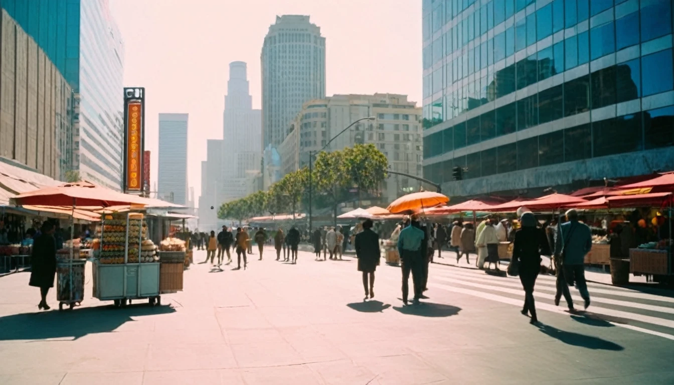 people walking in a pedestrian street in a megacity at morning time, in the heart of the The dysoptian futuristic megacity there are street vendors a different people walking in futuristic clothes. Different buildings cover the side of the street, the natural light of the sun illuminates at daytime. Bustling city of Los Angeles with many skyscrapers in the background, Natural lights, neutral colors, lomochrome, vintage color tones, dramatic, dynamic composition.Lifelike textures, sharp focus, depth of field, cinematic lighting, Contrast lighting, volumetric lighting, best shadows,sharp focus, depth pf field, photorealism, Realism, Cinematic, Photoreal, 35mm film Screengrab a Super Panavision 70 film, in color. best quality , hdr, uhd, 8k, 35 mm film, analog camera shot.