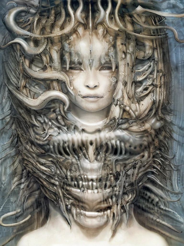 a detailed and beautiful girl trapped in an H.R. Giger style xenomorph relief, her body entwined by (tentacles:1.3), emotional female human face with Emma Watson, skeleton, octopus, crusu, monster, teeth, horror (theme), polished texture relief, black background, monochrome
