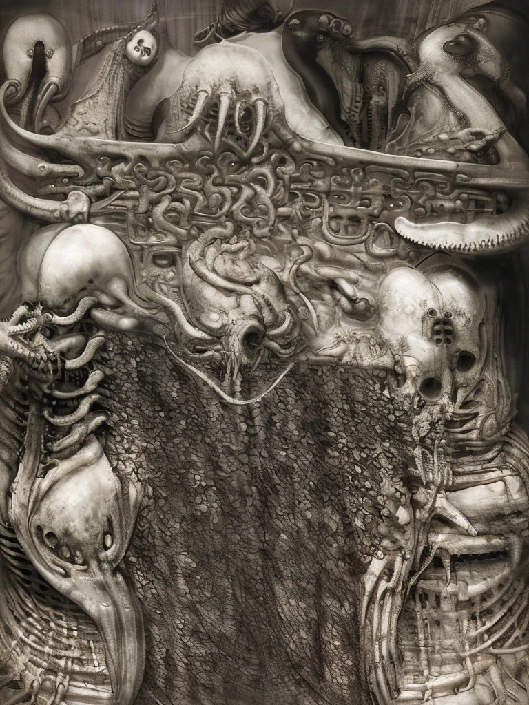 a detailed and beautiful girl trapped in an H.R. Giger style xenomorph relief, her body entwined by (tentacles:1.3), emotional female human face with Emma Watson, skeleton, octopus, crusu, monster, teeth, horror (theme), polished texture relief, black background, monochrome