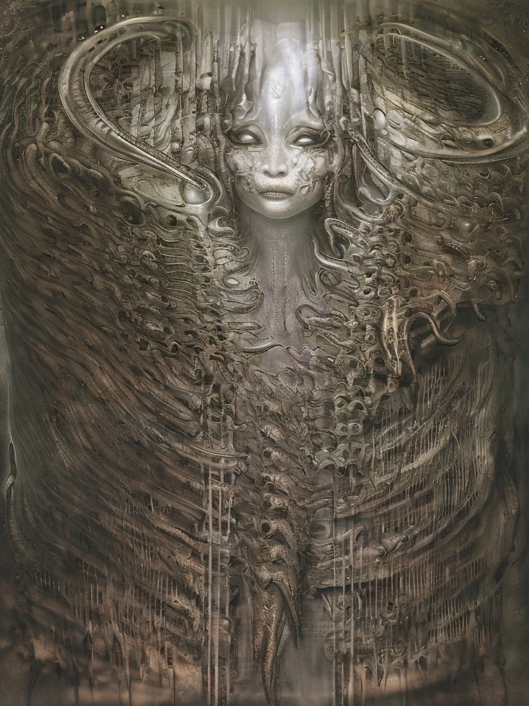 a detailed and beautiful girl trapped in an H.R. Giger style xenomorph relief, her body entwined by (tentacles:1.3), emotional female human face with Emma Watson, skeleton, octopus, crusu, monster, teeth, horror (theme), polished texture relief, black background, monochrome