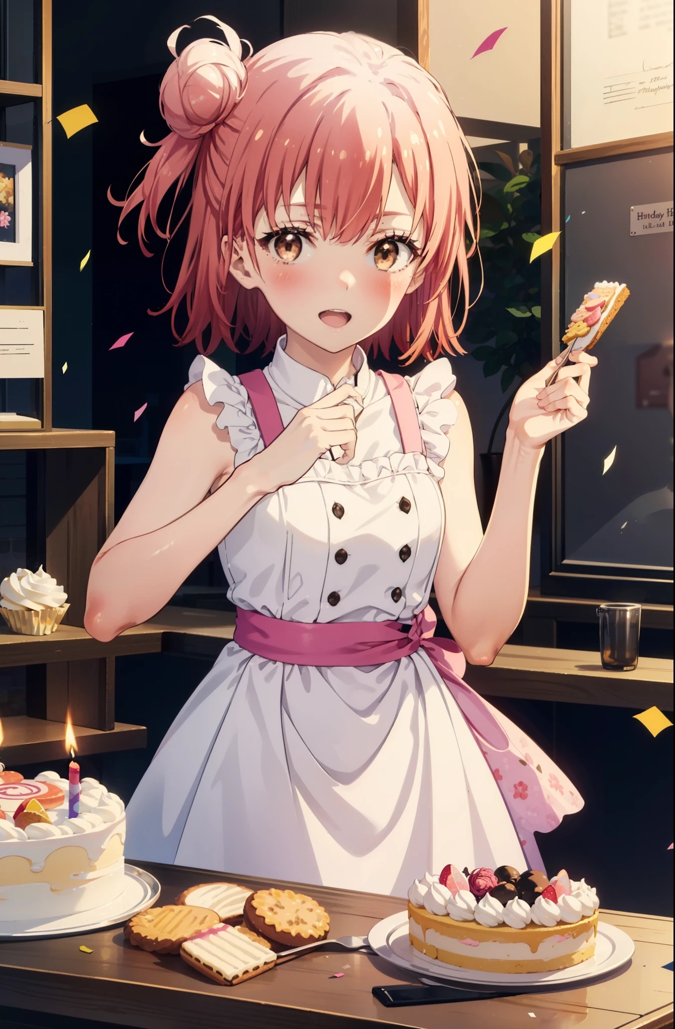 yuiyuigahama, yui yuigahama, One Girl,short hair, (Brown eyes:1.5), (Pink Hair:1.2), Hair Bun, single Hair Bun, smile,blush,Open your mouth wide,Pink sleeveless dress,Long skirt,Stiletto heels,A birthday cake with lit candles,
,There is a round birthday cake on the desk.,Confetti,cracker,whole bodyがイラストに入るように,
break indoors, Party Venue,
break looking at viewer, whole body,
break (masterpiece:1.2), Highest quality, High resolution, unity 8k wallpaper, (figure:0.8), (Beautiful attention to detail:1.6), Highly detailed face, Perfect lighting, Highly detailed CG, (Perfect hands, Perfect Anatomy),