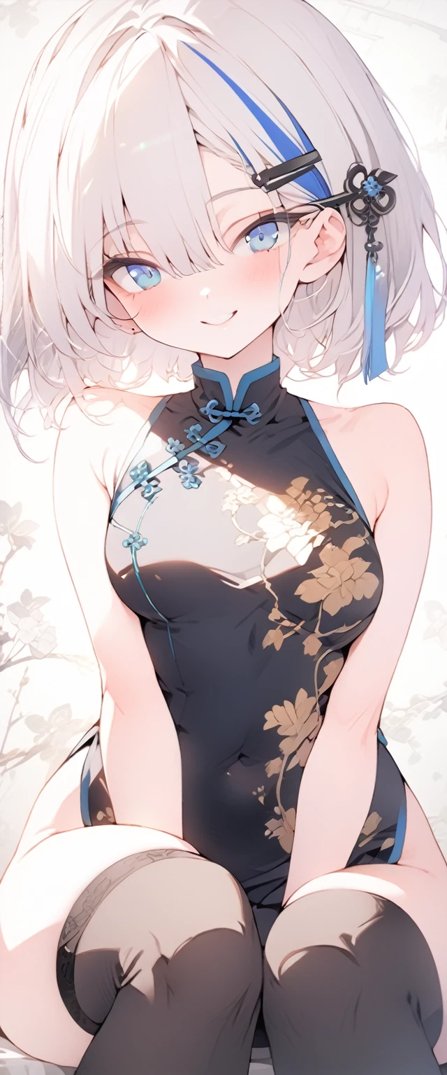beautiful, masterpiece, Highest quality, anime, One girl, C Cup,Portrait Shot, View your viewers, Intricate details,>,((Covered、Short Hair、nearby、Blue Eyes、art、、White hair,Blue streaked hair、wallpaper、、hairpin、smile、Thighs、Plainer_China dress、Plainer_Knee-high
