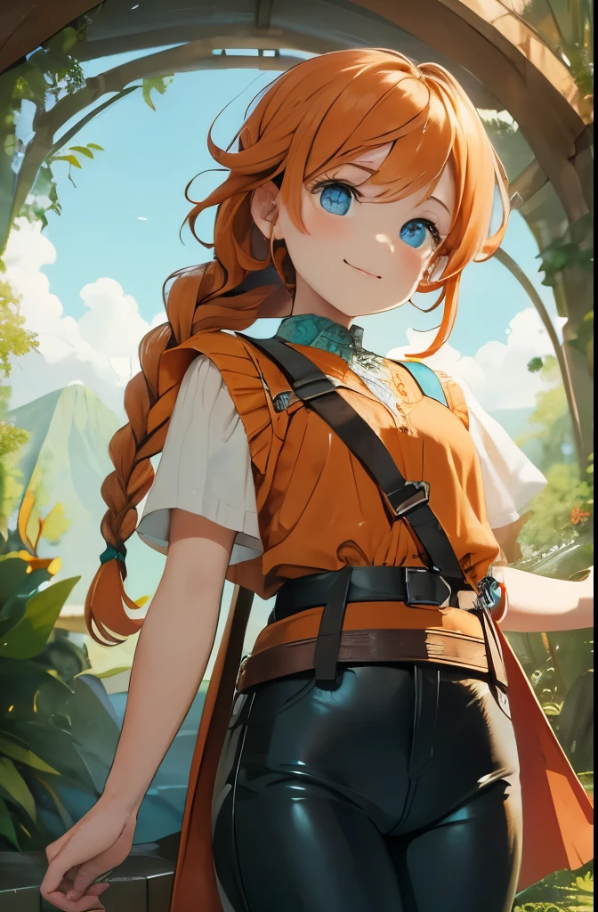 masterpiece,1 woman,Orange one-sided braid,blue eyes,Young kid,Cute face, Green tops,brown leather pants,forest,smiley face