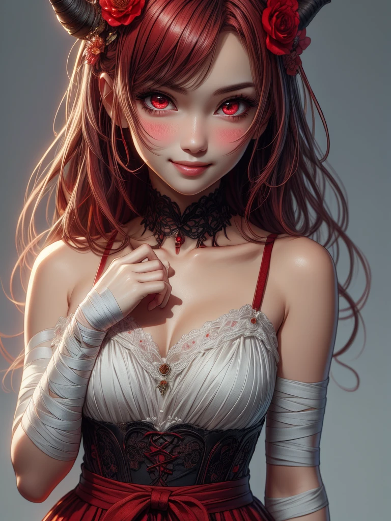 score_9, score_8_up, score_7_up, animated_source, 4RCH0N, 1girl, mature, toned skin, red hair, long hair, bandaged arm, bandaged leg, bandaged neck, bandages, Bandage on arm, bandage on cheek, blush, breasts , clavicle, hair flower, hair ornament, horns, red eyes, sarashi, smile, only, upper body, wrist wrap, mom costume, looking at viewer, flower, detailed design, intricate details, simple background