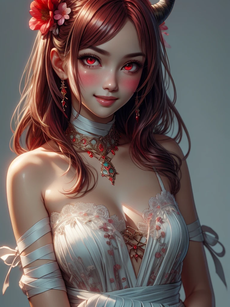score_9, score_8_up, score_7_up, animated_source, 4RCH0N, 1girl, mature, toned skin, red hair, long hair, bandaged arm, bandaged leg, bandaged neck, bandages, Bandage on arm, bandage on cheek, blush, breasts , clavicle, hair flower, hair ornament, horns, red eyes, sarashi, smile, only, upper body, wrist wrap, mom costume, looking at viewer, flower, detailed design, intricate details, simple background