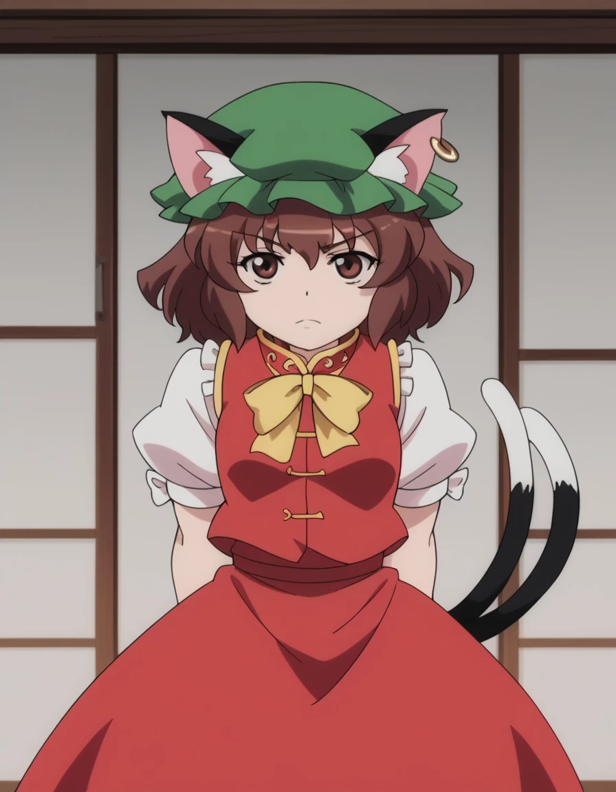 score_9,score_8_up,score_7_up,anime coloring, parody, parody style, anime screencap, 1girl, chen, brown hair, brown eyes, cat ears, green hat, mob cap, red dress, juliet sleeves, frills, flat chest, two tails, cowboy shot, looking at viewer,