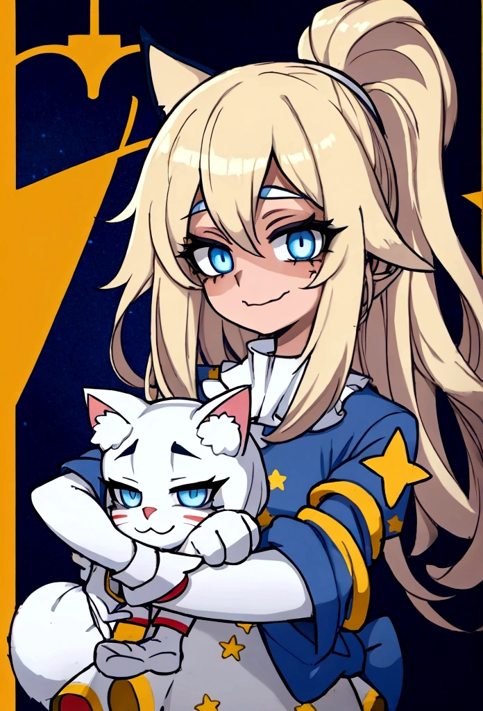Clown Girl, Blue eyes, medium length loose hair blonde, clown makeup on the face star on the eye, Clown nose, white cat ears, clown costume