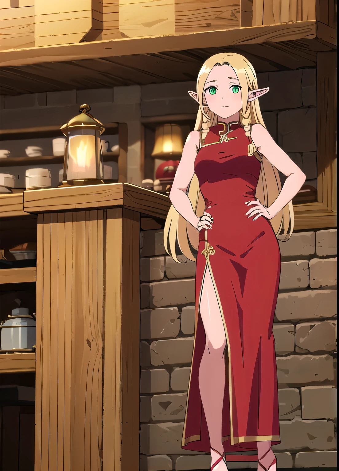 ((best quality)), ((highly detailed)), (masterpiece),  (1girl), (Marcille_Donato_DungeonMeshi), blonde hair, long hair, twin braids, elf, pointy ears, green eyes, red choker, standing, hand on hip, (red china long dress), (gold decoration dress:1.2), (sleeveless), (deep slit), (black high-heels), cafe