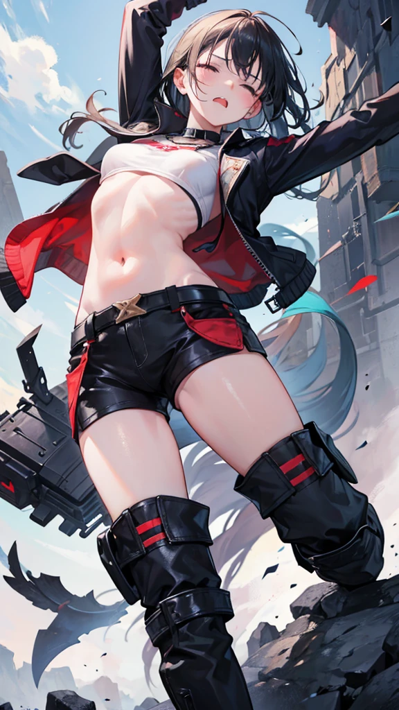Girl, Navel exposed, Wearing boots, Being attacked by enemies, He closes his eyes in pain and cries, Wearing a jacket