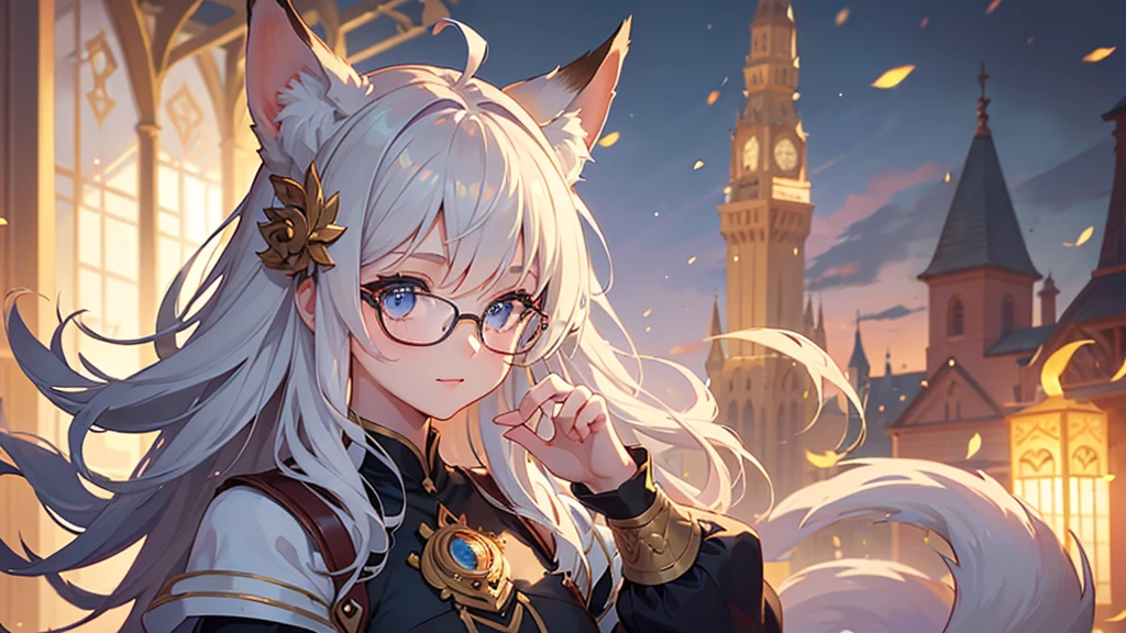 ((Best quality)), ((masterpiece)), (detailed), best quality,8K,original photo,This is a perfect face,Fox-eared maiden,touch fox,Castle Background, Liveliness. Carefree happy joy bokeh background. Quiet aesthetics. Soft lighting. Artistic Lighting. wearing glasses