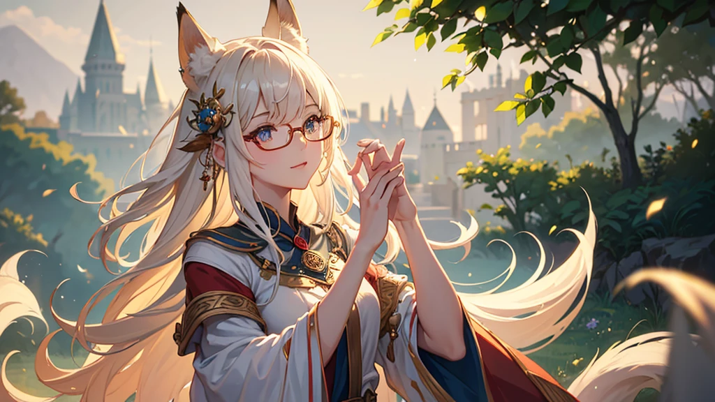 ((Best quality)), ((masterpiece)), (detailed), best quality,8K,original photo,This is a perfect face,Fox-eared maiden,touch fox,Castle Background, Liveliness. Carefree happy joy bokeh background. Quiet aesthetics. Soft lighting. Artistic Lighting. wearing glasses