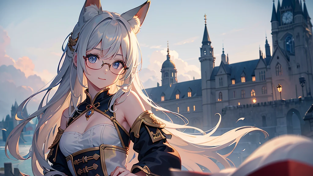 ((Best quality)), ((masterpiece)), (detailed), best quality，8K，original photo，This is a perfect face，Fox-eared maiden，touch fox，Castle Background， Liveliness. Carefree happy joy bokeh background. Quiet aesthetics. Soft lighting. Artistic Lighting. wearing glasses