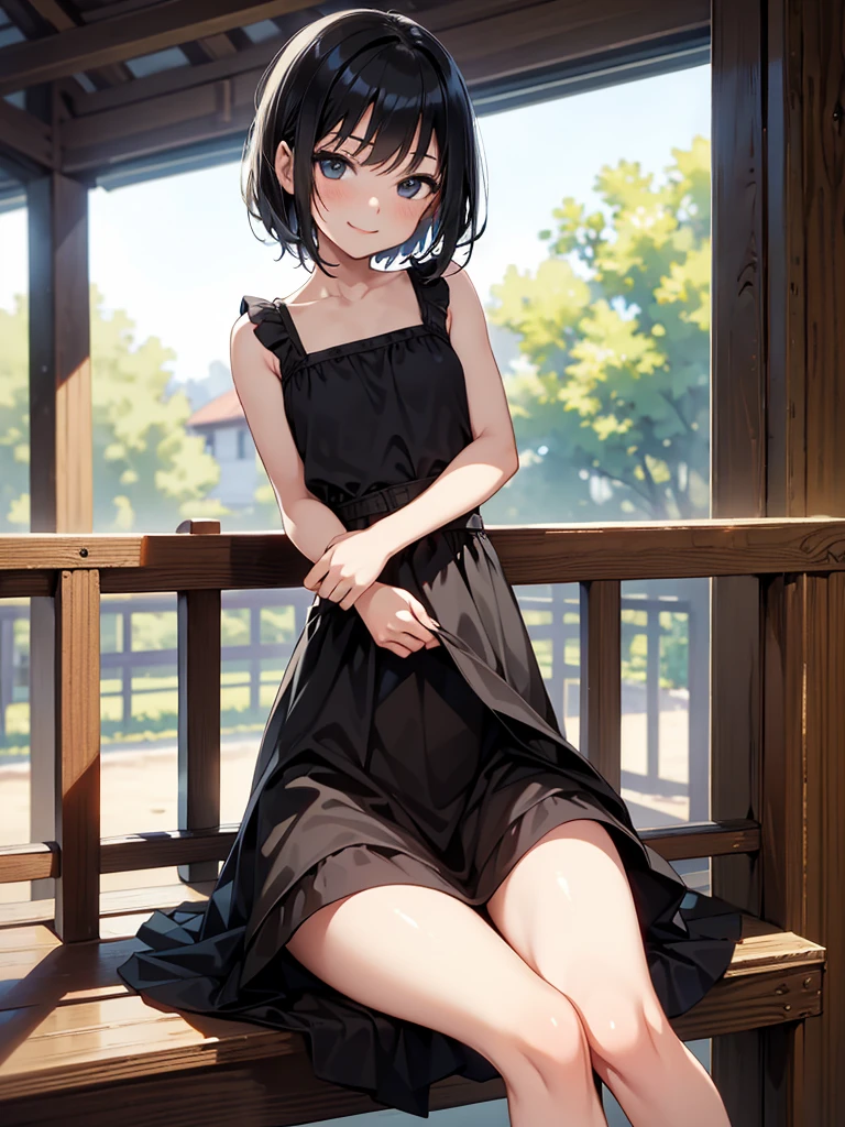 masterpiece, best quality, solo, (little girl), black hair, short hair, cowboy shot,
 seductive smile, sitting, crossed arms, black sundress, (dress lift), (flat chest), nipples, playground,