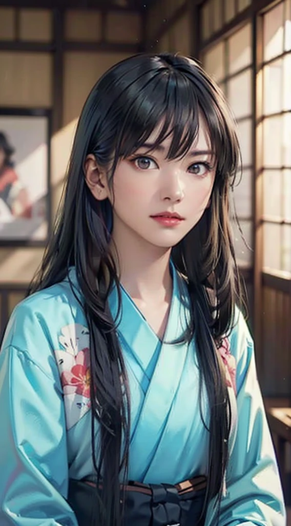 (Realistic)、(Realistic:1.2)、(High resolution)、Very detailed、Very beautiful face and eyes、1 girl、Delicate body、(highest quality、Attention to detail、Rich skin detail)、(highest quality、8k、Oil paint:1.2)、Very detailed、(Realistic、Realistic:1.37)、Bright colors、Full Body Shot,black_hair, Beautiful 8k eyes,Looking_in_Audience,One person in,Are standing,((Very beautiful woman, Fuller lips, Japanese pintern kimono))、((Colorful Japanese kimono)))、(((blackhair)))、(((Blunt bung,long straight hair)))、((( Inside an old Japanese house with a (short focus :1.4),)))、(masterpiece, highest quality, highest quality, Official Art, beautifully、aesthetic:1.2),(Fractal Art:1.3),Sengoku period、Greg Rutkowski Written by Alphonse Mucha Ropp,short ,uchikake,nishijin ori,(realistic light and shadow), (real and delicate background),(muted colors, dim colors, soothing tones:1.3), low saturation, (hyperdetailed:1.2), (noir:0.4),drow,blurry_light_background, (vibrant color:1.2), cinematic lighting, ambient lighting,Single Shot,Shallow Focus,pink lip,blurry light background,