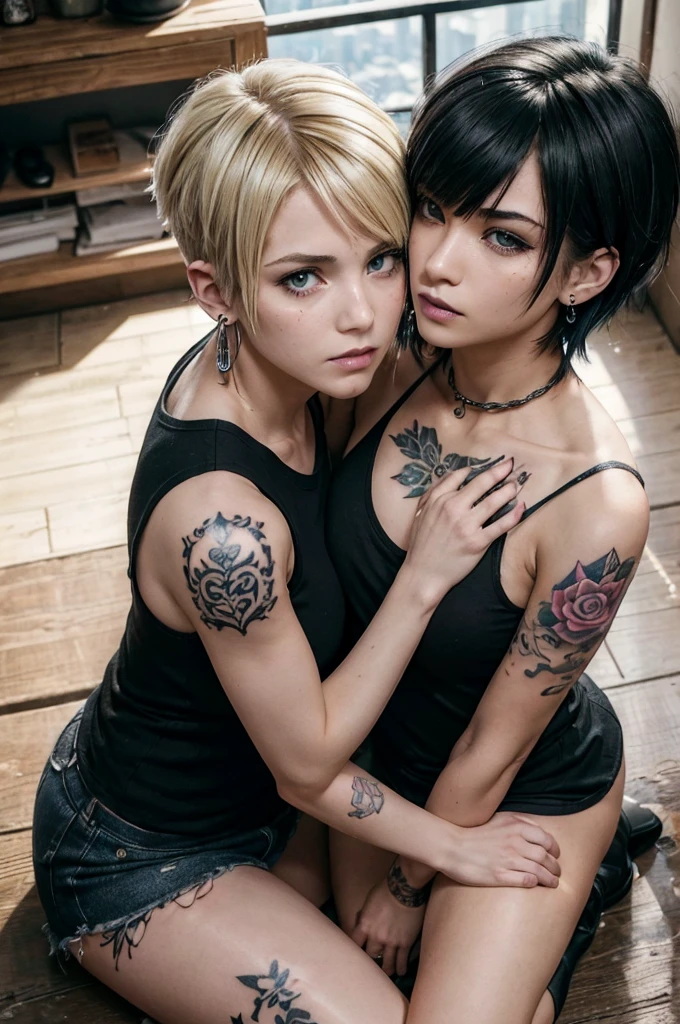 (Tabletop:1.2, Highest quality:1.2), 32k HDR, High resolution, ((Two contrasting women)),((Two women in love)),((Two women hugging each other)),Japanese women,(Tattoo),(One has a goth punk haircut, Flat bangs), Outdoor,Black lipstick, Medium chest, Earrings,Crouching posture,両足を開いてsquat,Show off your crotch,Both arms are chained,Handcuffs,(One has short blonde hair,Wolf Cut,Messy Hair),Dimly lit room,ruins,squat,Embarrassed, moist eyes,Sad expression,Looking into the camera,Very beautiful eyes, Flat Chest,Tragic,A fleeting expression,((全身にTattoo)),(Ripped tank top),(Overlooking the view:1.5),(Face Focus:1.98),(Sit astride),
