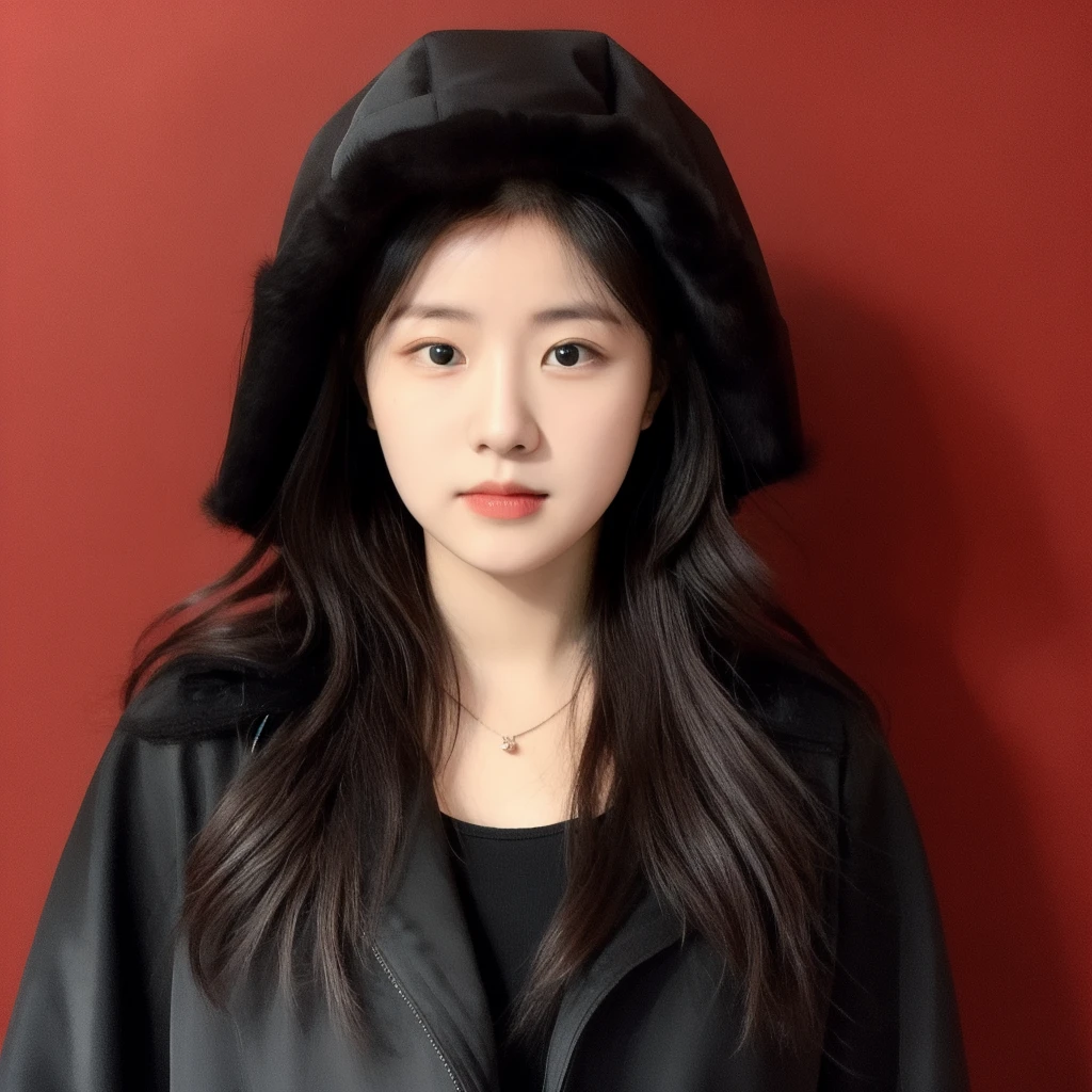 beautiful woman, black headscarf, wearing a black coat, thin cheeks, red background, passport photo