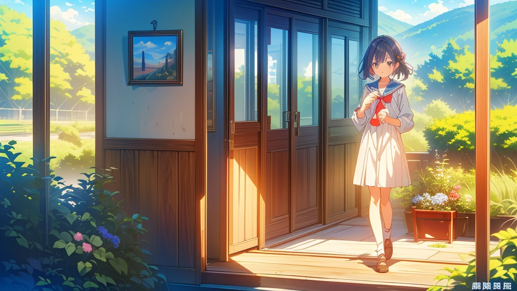 1girl、(((Parent and 、Highest quality、Masterpiece、Official Art、The best dynamic composition)))、(detailed)、Anime Style、A tranquil view of the countryside、Departure、The grows up and becomes independent、