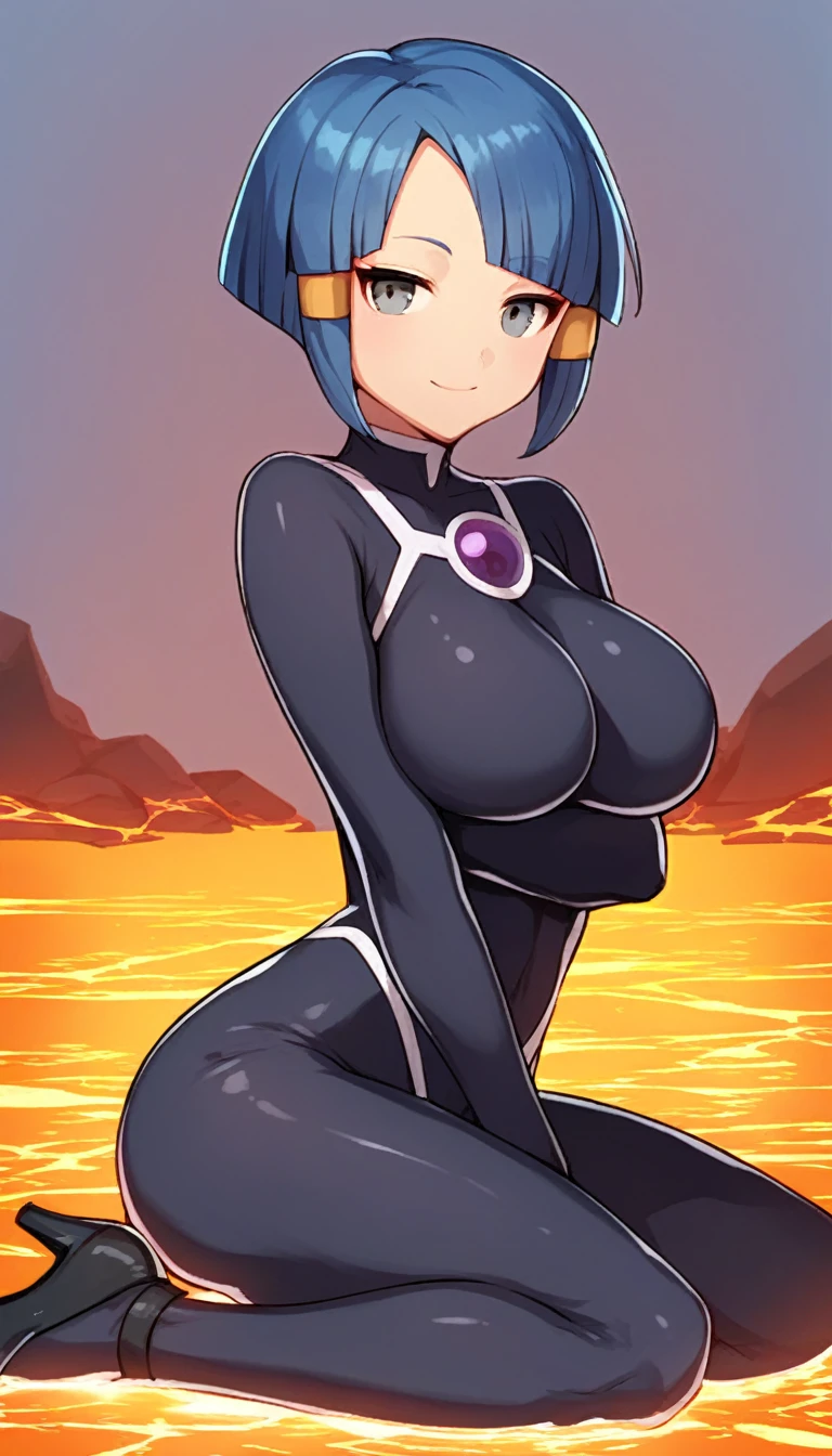 best quality,ultra detailed,solo,score_9, score_8_up, score_7_up, score_6_up, score_5_up, score_4_up, source_anime, 1girl, clara, blue hair, hair tubes, grey eyes, bodysuit,big breasts, sexy pose, (front view,portrait),full body, sitting on lava,heavenly ass, heavenly breasts, big ass, no shoes, wearing black heels, smile, cute, face, long legs, tight bodysuit, tight sleeves, black bodysuit, half-closed eyes, 