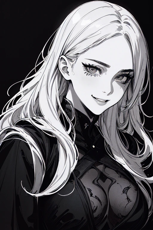 Highest quality, (Background details), High Contrast, Very beautiful woman, Detailed original illustrations、functional、Ninja、Ninja costume、Delicate face、attractive、Villainess、sexy、Real breasts、Crazy Smile, Crazy Eyes, Head close-up, Black background, (Black background: 1.5), Beautiful line art、Monochrome