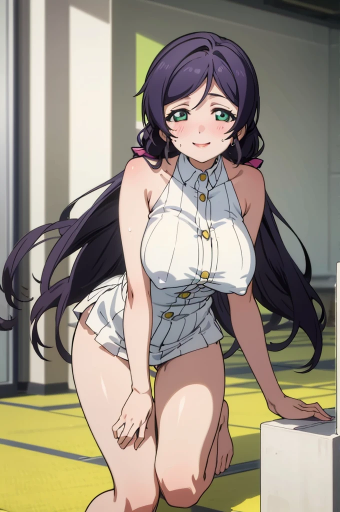 (masterpiece, best quality), 1girl,    nozomi toujou,huge breasts,sexy ,,sweating,sleeveless,looking viewer,smile,,,bare legs,nipple,thigh gap