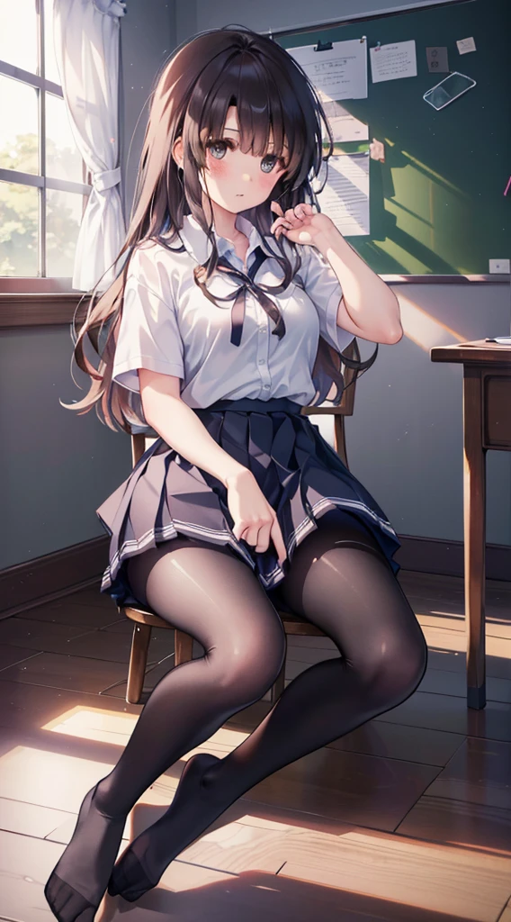 (8K、Best image quality、Highest quality、masterpiece)、One tall girl、((whole body))、Sit on the floor with your legs spread、White panties are visible、Long Hair、Wavy Hair、blush、Medium Bust、White collared shirt、Short sleeve、((Checkered pleated mini skirt))、Classroom Background、((black tights))、Black Pantyhose、((No shoes))