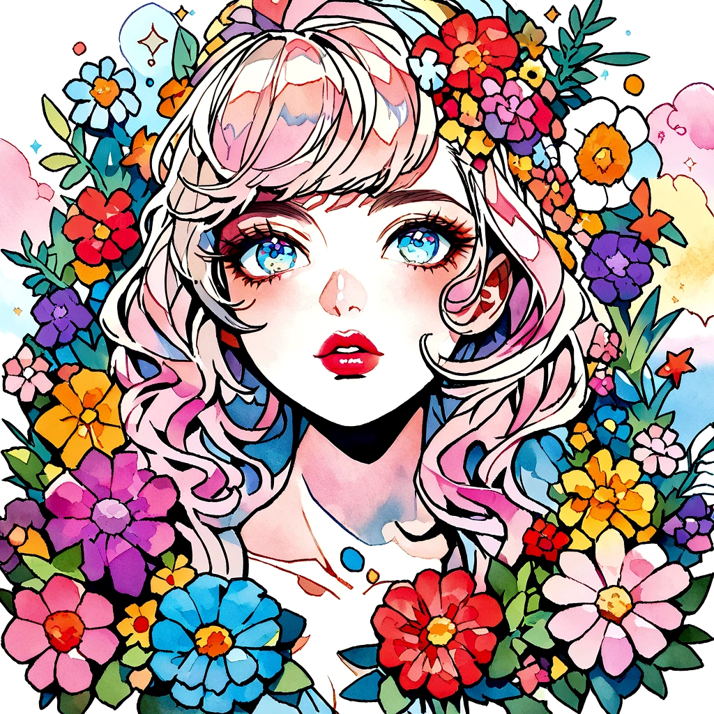 Mai Yoneyama Style、(((stylish fashion))), 8K Quality、Intense watercolor, Detailed watercolor art, Watercolor splash, Surreal, avant-garde pop art, Beautiful and expressive paintings, Beautiful artwork illustration, Very colorful tones, wonderful, Cool beauty, highest quality、Official Art, Vector art, Stylish design, (((The most beautiful girl))), (((highest quality))), HDR, ((detailed)), (((Doodle Art)), ((masterpiece)), ((Super detailed)), (((Colorful flowers))),(((Stylish))), Lips in love
