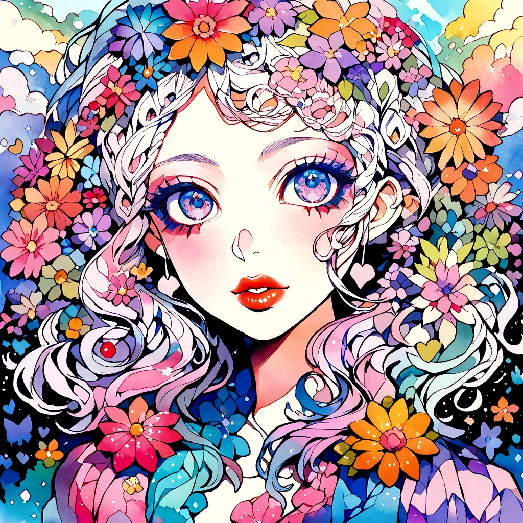 Mai Yoneyama Style、(((stylish fashion))), 8K Quality、Intense watercolor, Detailed watercolor art, Watercolor splash, Surreal, avant-garde pop art, Beautiful and expressive paintings, Beautiful artwork illustration, Very colorful tones, wonderful, Cool beauty, highest quality、Official Art, Vector art, Stylish design, (((The most beautiful girl))), (((highest quality))), HDR, ((detailed)), (((Doodle Art)), ((masterpiece)), ((Super detailed)), (((Colorful flowers))),(((Stylish))), Lips in love